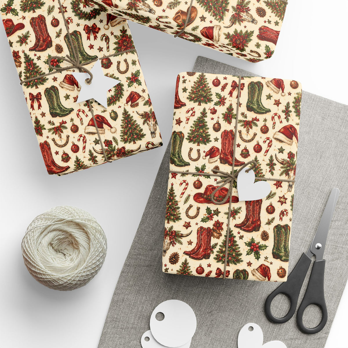Western Christmas Wrapping Paper — Red & Green Cowboy Holiday Gift Wrap