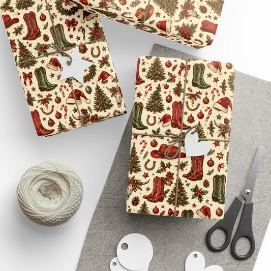 Western Christmas Wrapping Paper — Red & Green Cowboy Holiday Gift Wrap