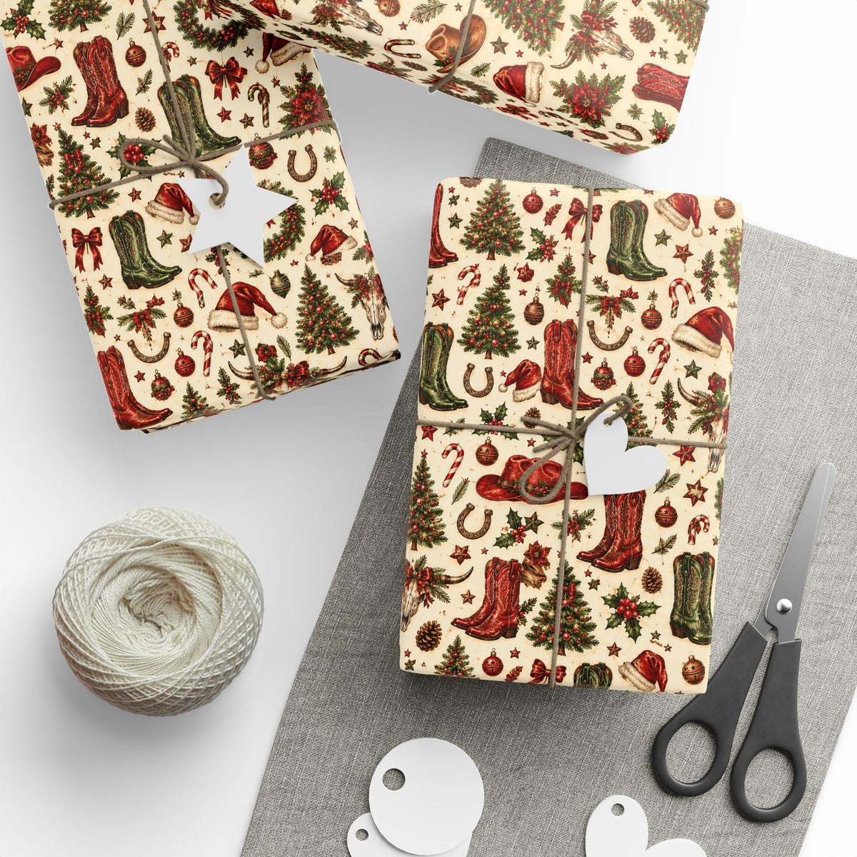 Western Christmas Wrapping Paper — Red & Green Cowboy Holiday Gift Wrap