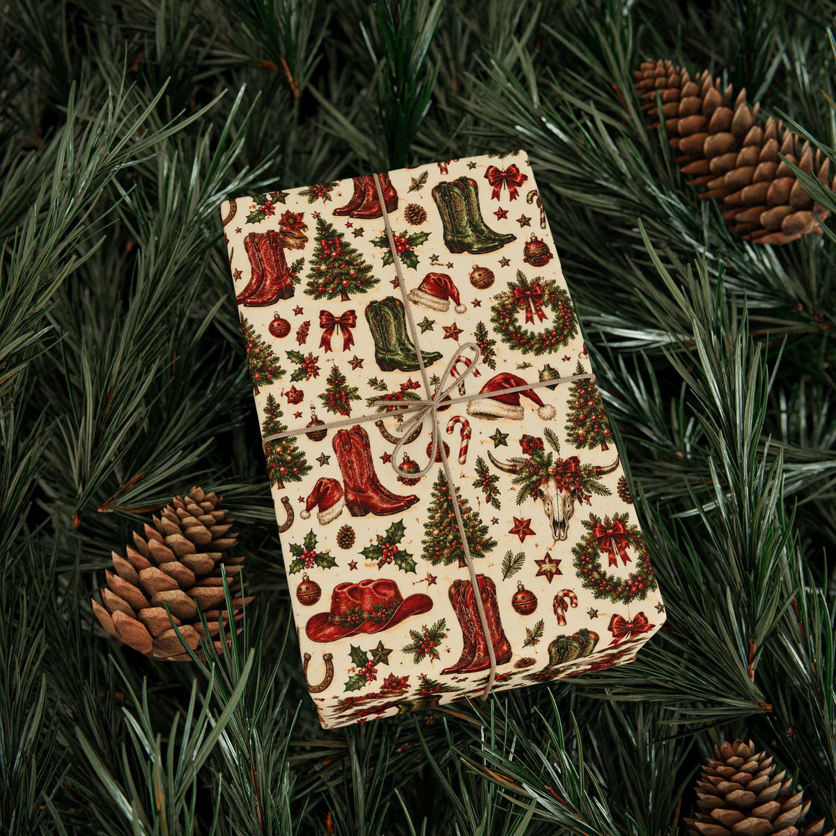 Western Christmas Wrapping Paper — Red & Green Cowboy Holiday Gift Wrap