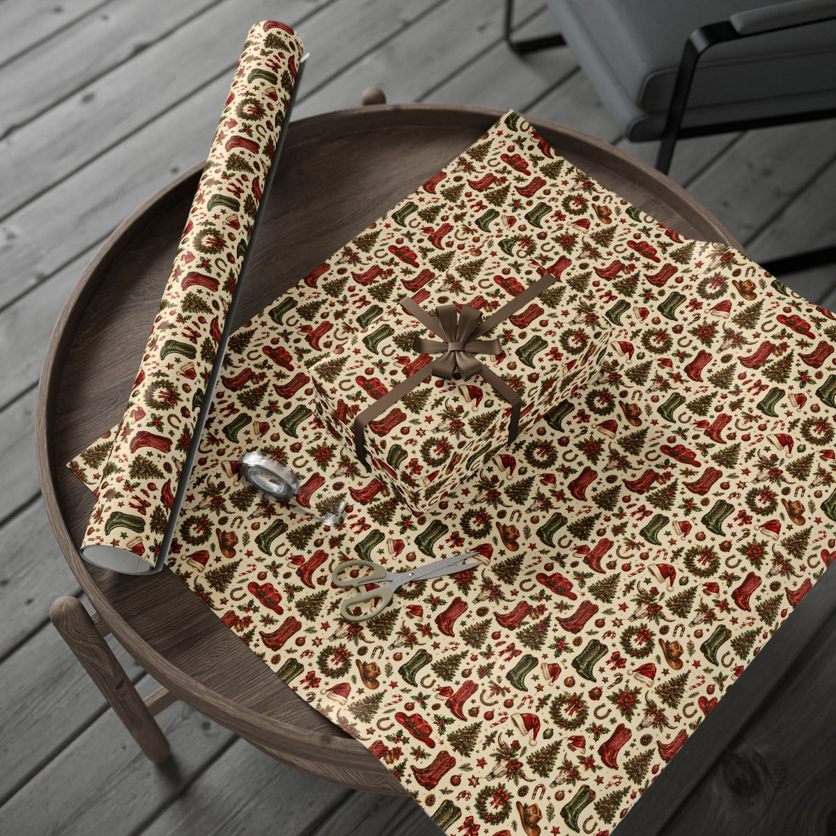 Western Christmas Wrapping Paper — Red & Green Cowboy Holiday Gift Wrap