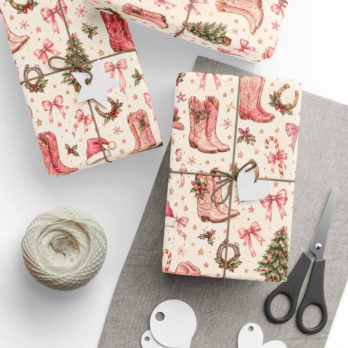 Pink Cowgirl Christmas Wrapping Paper | Western Boots, Bows & Holiday Gift Wrap