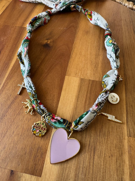 Floral with Pink Heart Bandana Necklace